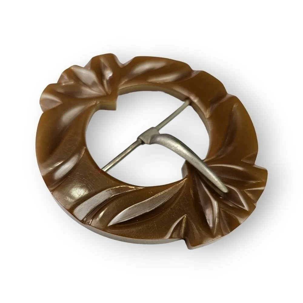 Vintage Bakelite Belt Buckle Dark Olive Green Art Deco Deep Carved 2.75